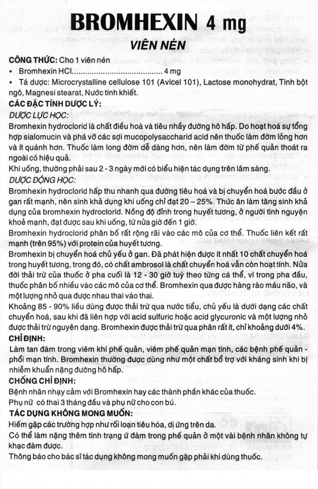 Thuốc Bromhexin 4mg Dược 3-2 giúp tan đờm trong viêm phế quản (10 vỉ x 20 viên)