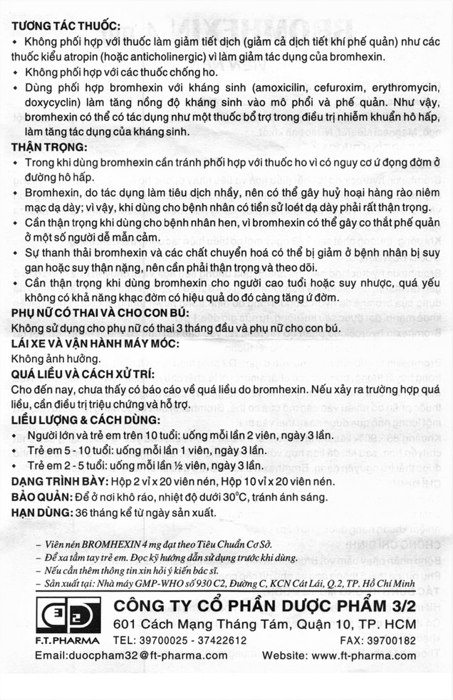 Thuốc Bromhexin 4mg Dược 3-2 giúp tan đờm trong viêm phế quản (10 vỉ x 20 viên)