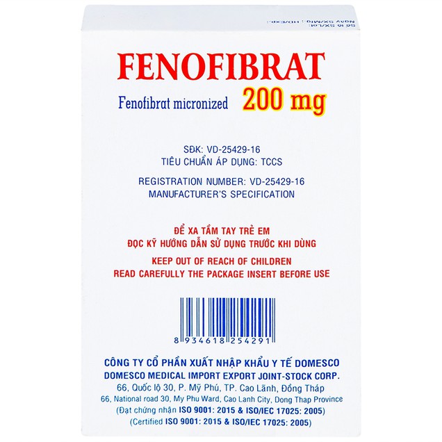Thuốc Fenofibrate 200mg Domesco điều trị rối loạn lipoprotein huyết (30 viên)