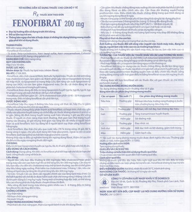 Thuốc Fenofibrate 200mg Domesco điều trị rối loạn lipoprotein huyết (30 viên)