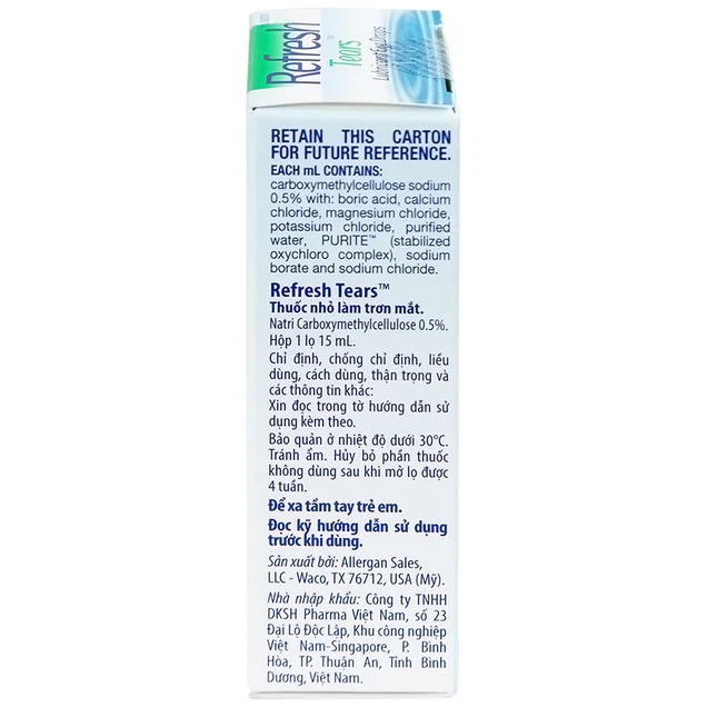Thuốc nhỏ mắt Refresh Tears Allergan hỗ trợ làm dịu nhất thời cảm giác nóng rát, khó chịu (15ml)