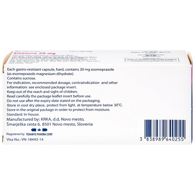 Thuốc Emanera 20mg KRKA điều trị trào ngược dạ dày và viêm loét dạ dày (28 viên)