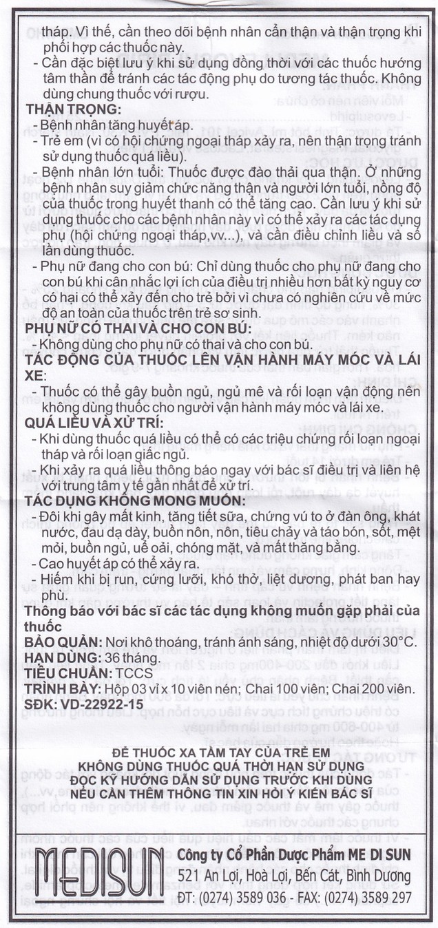 Thuốc Medi-Levosulpirid 25mg Medisun điều trị tâm thần phân liệt (3 vỉ x 10 viên)
