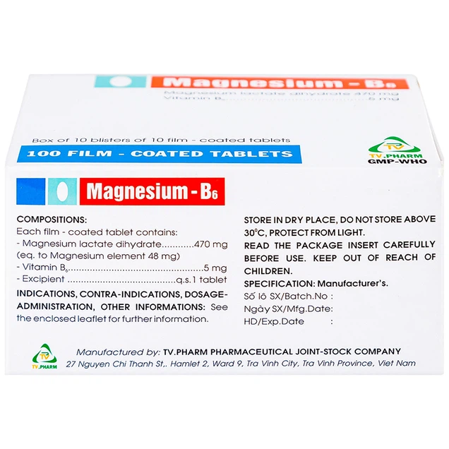 Thuốc Magnesium - B6 TV.Pharm làm giảm các triệu chứng thiếu hụt magnesi (100 viên)