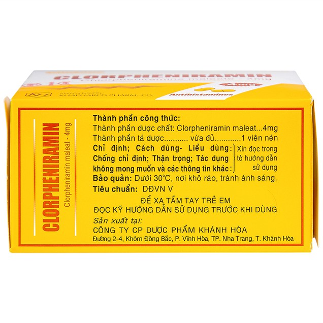 Thuốc Clorpheniramin 4mg Khánh Hòa điều trị dị ứng da & dị ứng đường hô hấp (200 viên)