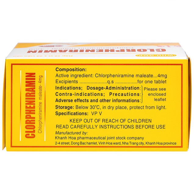 Thuốc Clorpheniramin 4mg Khánh Hòa điều trị dị ứng da & dị ứng đường hô hấp (200 viên)