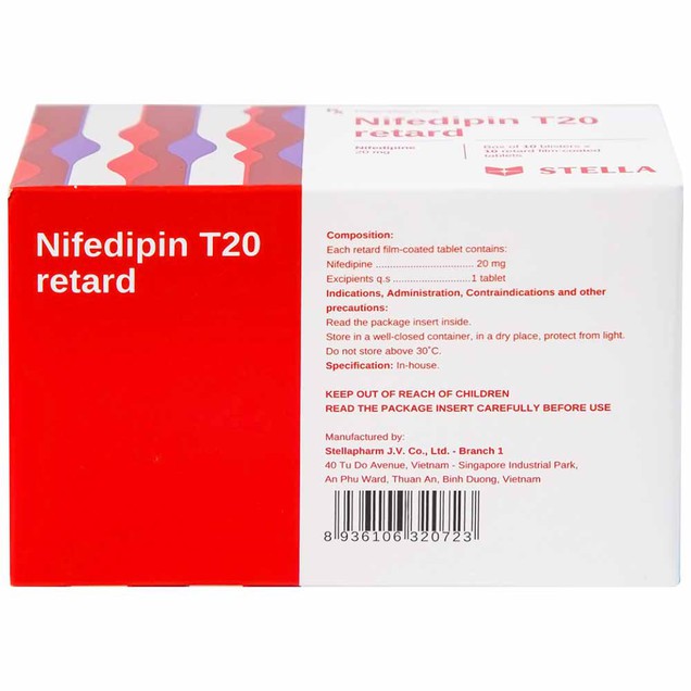 Thuốc Nifedipin T20 Retard Stella dự phòng đau thắt ngực (10 vỉ x 10 viên)