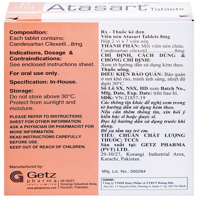 Thuốc Atasart 8mg Getz điều trị tăng huyết áp (2 vỉ x 7 viên)