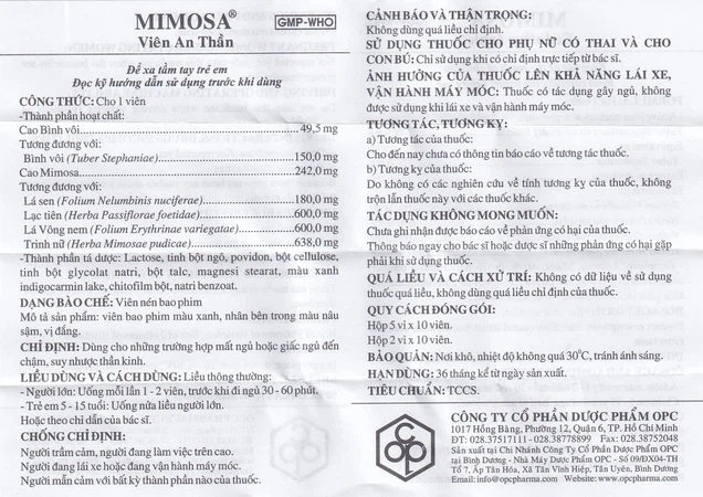 Thuốc an thần Mimosa OPC giúp dễ ngủ, ngủ sâu, ngon giấc (5 vỉ x 10 viên)